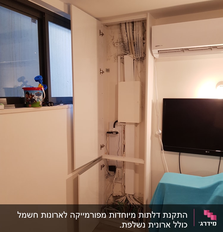 ארון פתוח עם חוטי חשמל וצינורות חשופים